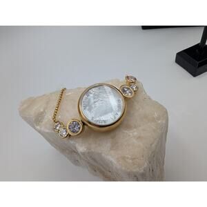 Michael Kors Gold Tone Bolo Bracelet Mother of Pearl & Crystal Slider Charm READ